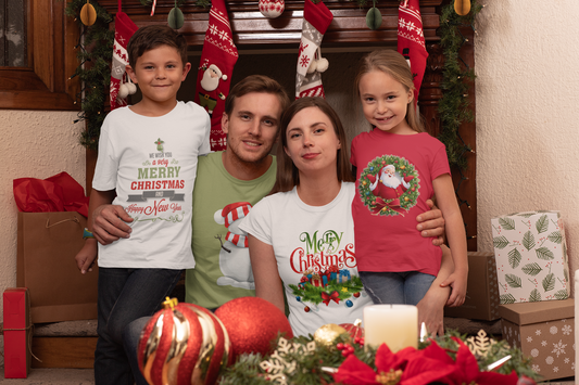 Familia vistiendo prendas personalizadas que son parte de sus regalos de intercambio navideño
