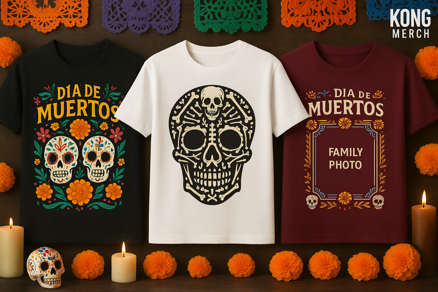 Perfecto, solo al fondo agregar papel picado y decoraciones alusivas al día de muertos. Quita las tallas y quita la última playera que dice: Tu diseño aquí. 
El logo ponlo del lado derecho