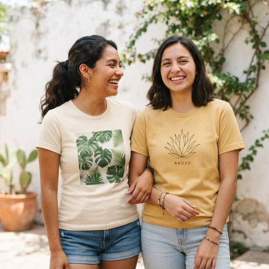 Dos amigas mexicanas vistiendo playeras de temporada primavera verano. Una con foto de plantas y otra con un diseño minimalista botánico al centro. 