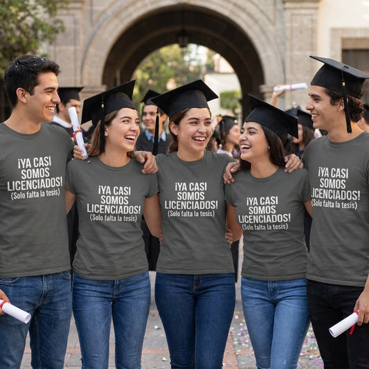 grupo con playeras personalizadas para graduación con diseños creativos y frases únicas