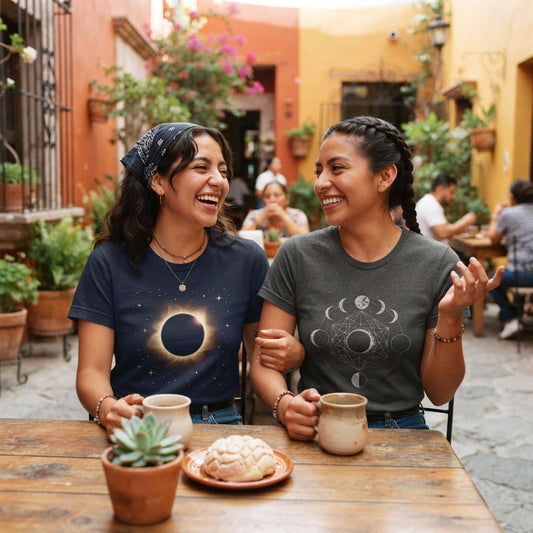 Amigas con playeras personalizadas con temática de eclipse