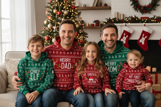 Familia sonriendo mientras usa sudaderas navideñas personalizadas con diseños festivos