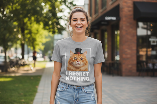 Mujer usando playera con meme de gato. Hecha en Kong Merch