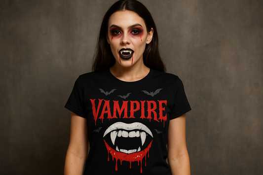 Mujer usando playera personalizada con disfraz de Halloween con estampado de vampiresa en Kong Merch