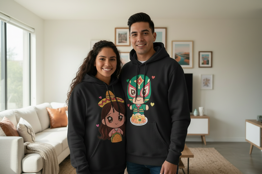 Pareja posando con hoodies personalizados de Kong Merch.