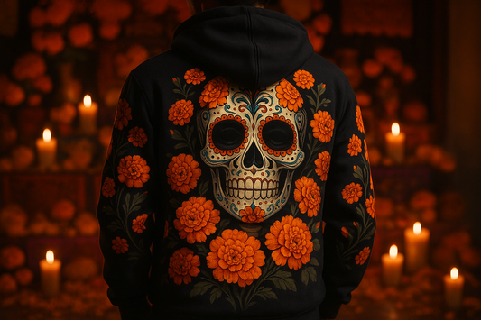 Persona usando una sudadera personalizada para Día de Muertos con diseño de catrina creada en Kong Merch