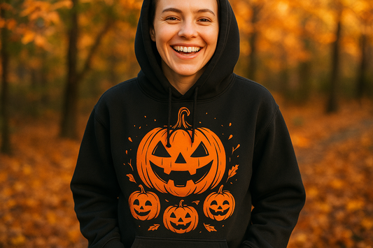 Persona usando una sudadera personalizada para Halloween con diseño de calabaza de Kong Merch