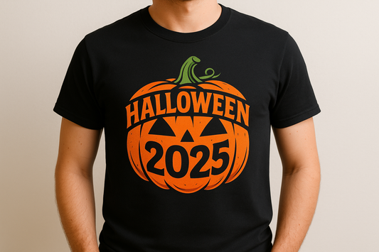 Modelo usando playera Halloween 2025 personalizada con estampado de calabaza naranja en Kong Merch
